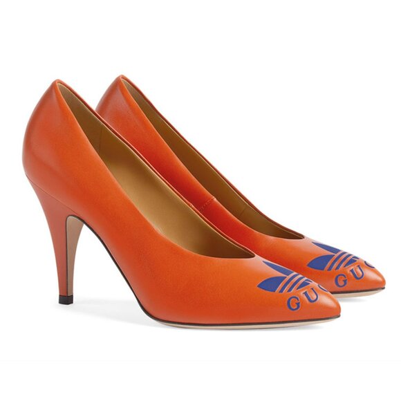 GUCCI SHOES ADIDAS X TREFOIL ORANGE LEATHER PUMPS w LOGO sz 37 / 7 - Picture 5 of 16